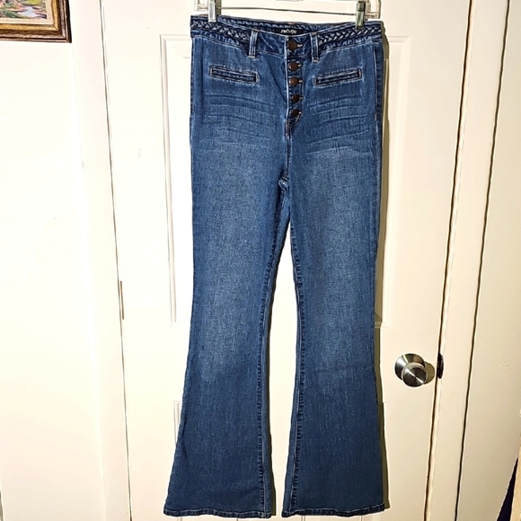Refuge Blue Flare/bell Jeans. Size 8. Brass Buttons. High Rise. Nice - Picture 1 of 8